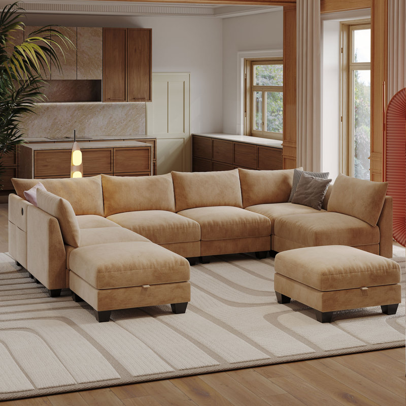 124 '' U-shaped Sectional Sofa, 8-Seater Modular Couch, Comfy Living Room Cushion Cloud Couch with Ottoman, null