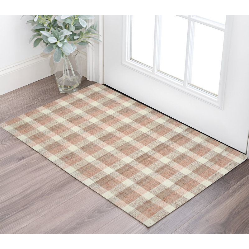 Tapis touffeté à la main 2 pi x 3 pi en laine rose et ivoire touffeté à la main