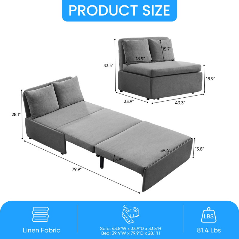 Modern Convertible Sofa Bed With Linen Fabric - Easy Pull-out Design Transforms From 43.5" Armless Sofa To 79.9" Bed, High-quality Sponge & Metal Frame