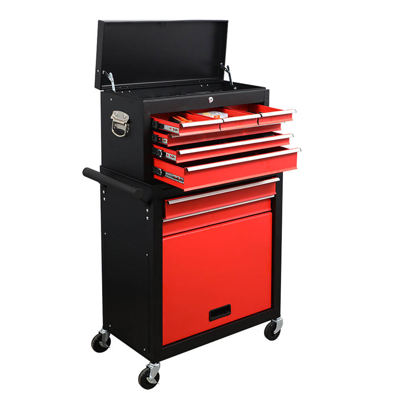 Coffre à outils 8 tiroirs à grande capacité avec armoire et rangement à roulettes noir et rouge pour atelier, Noir / Rouge