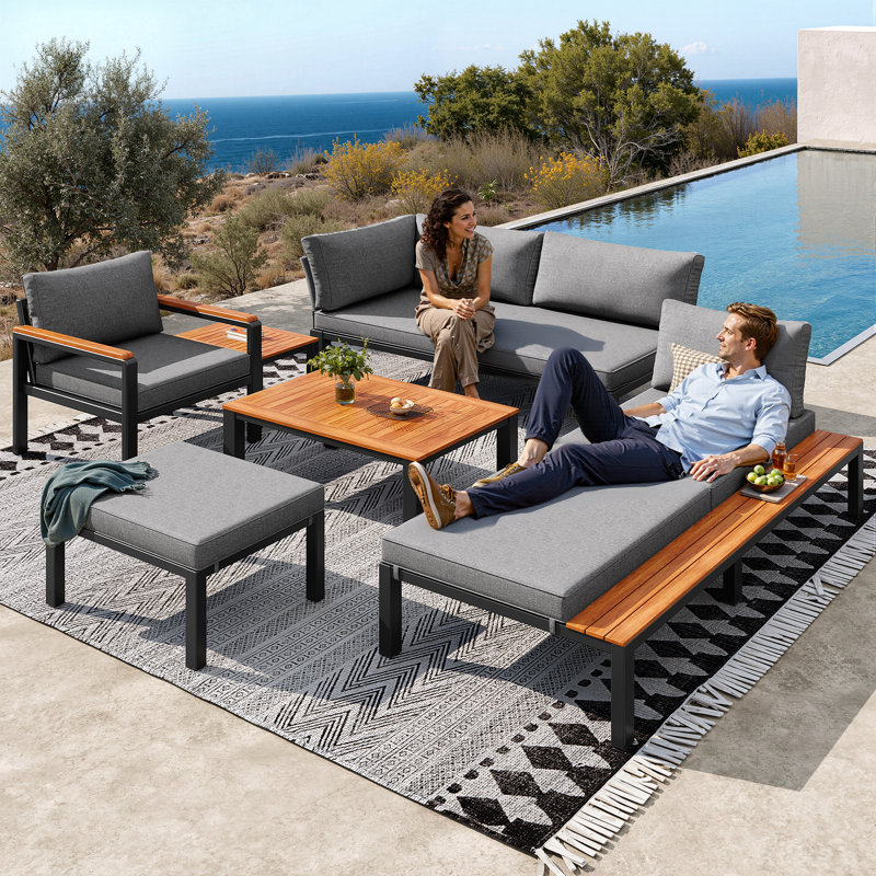 6 - Person Modular Outdoor Seating Set With Cushions & Wooden Tables