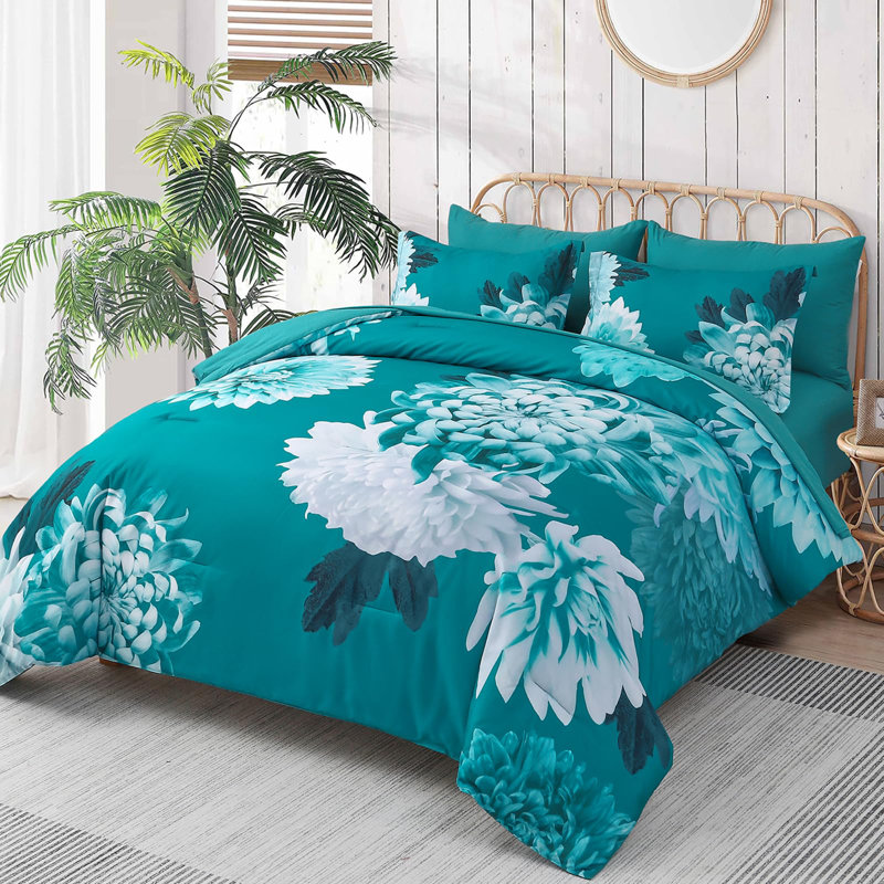 Ensemble de literie en microfibre 7 pièces, Édredon de très grande taille et 6 pièces suppl, Teal Floral 1