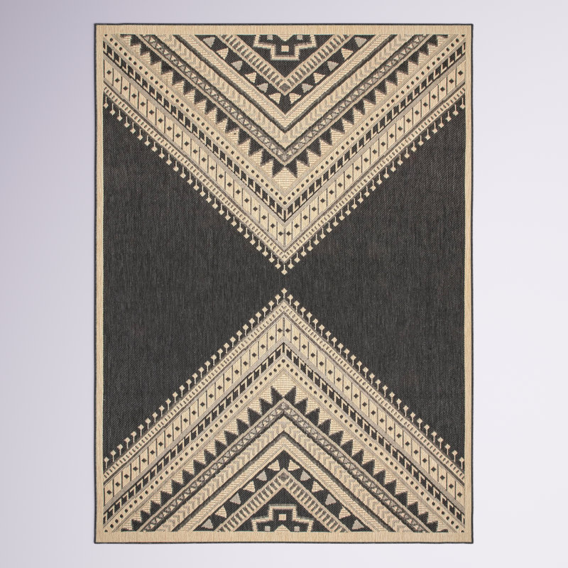 Tapis intérieur/extérieur Alsie à motif géométrique du sud-ouest tissé à la machine, Charcoal/Ivory