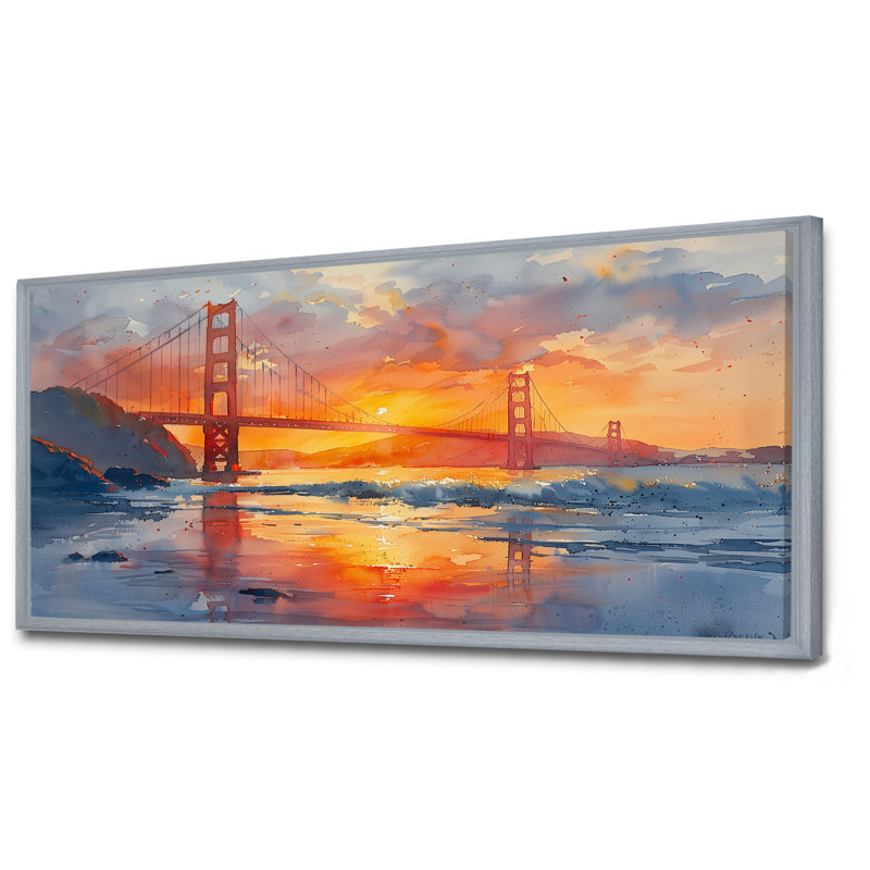Art mural jaune jaune rouge Golden Gate, Toile argentée avec cadre flottant, H 28 po x l 60 po x P 1,5 po