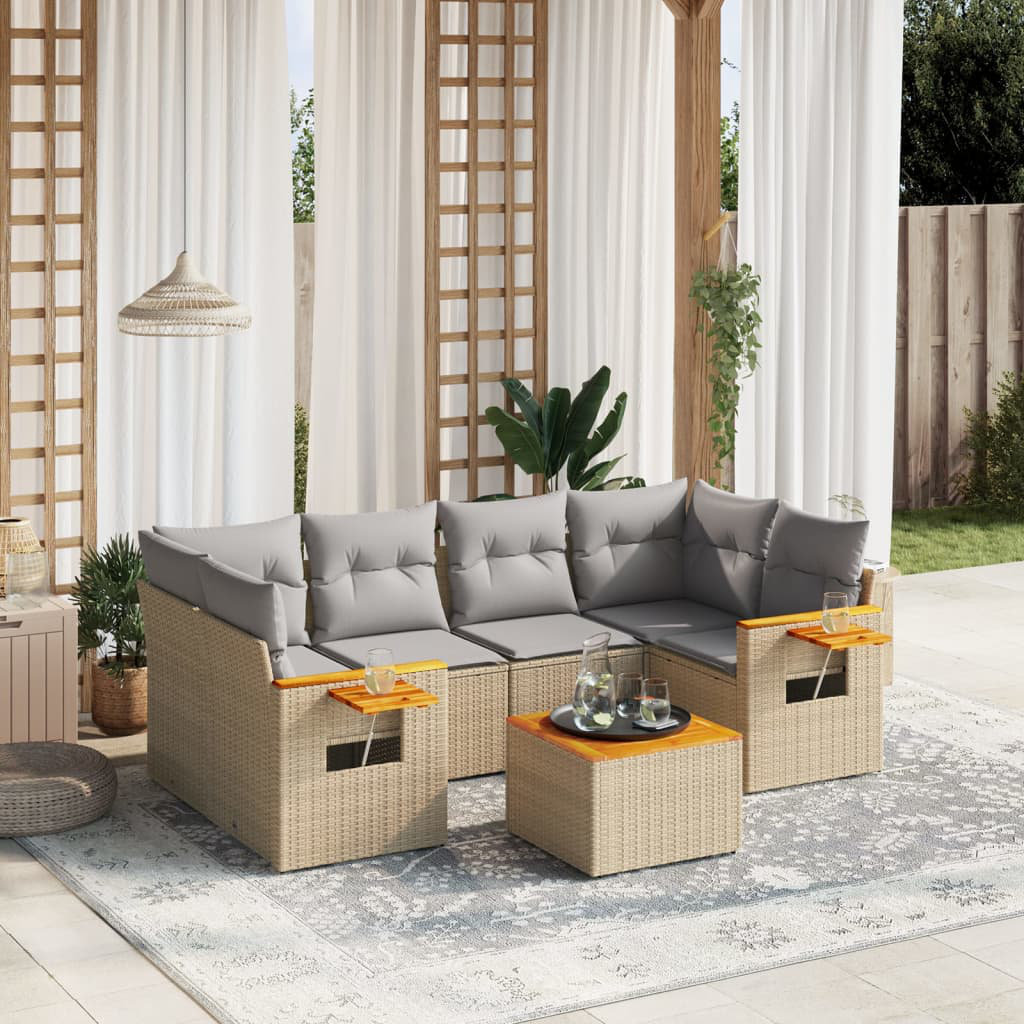 7-Tlg. Garten-Sofagarnitur Mit Kissen Beige Poly Rattan