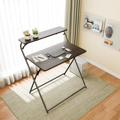 2-Tier Folding Computer Desk, No Assembly Required, 31.inch Small Foldable Desk with Shelf