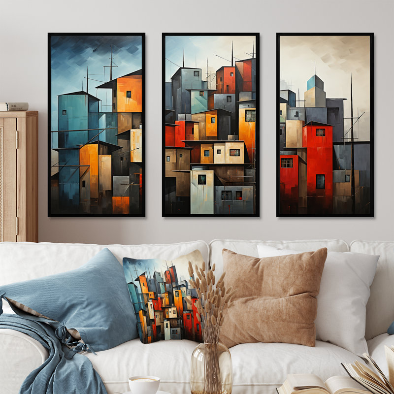 Cubist Urbanism Horizon III - Ensemble de décoration murale cubisme, Cadre flottant noir, H 28 po x l 36 po x P 1 po