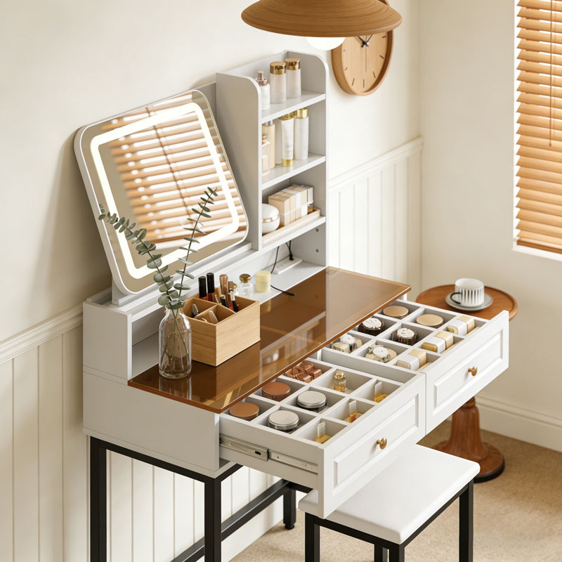 Coiffeuse de maquillage avec miroir lumineux et tabouret à DEL