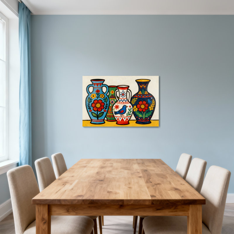 Vases colorés à la mode avec motifs floraux et oiseaux, H 28 po x l 40 po