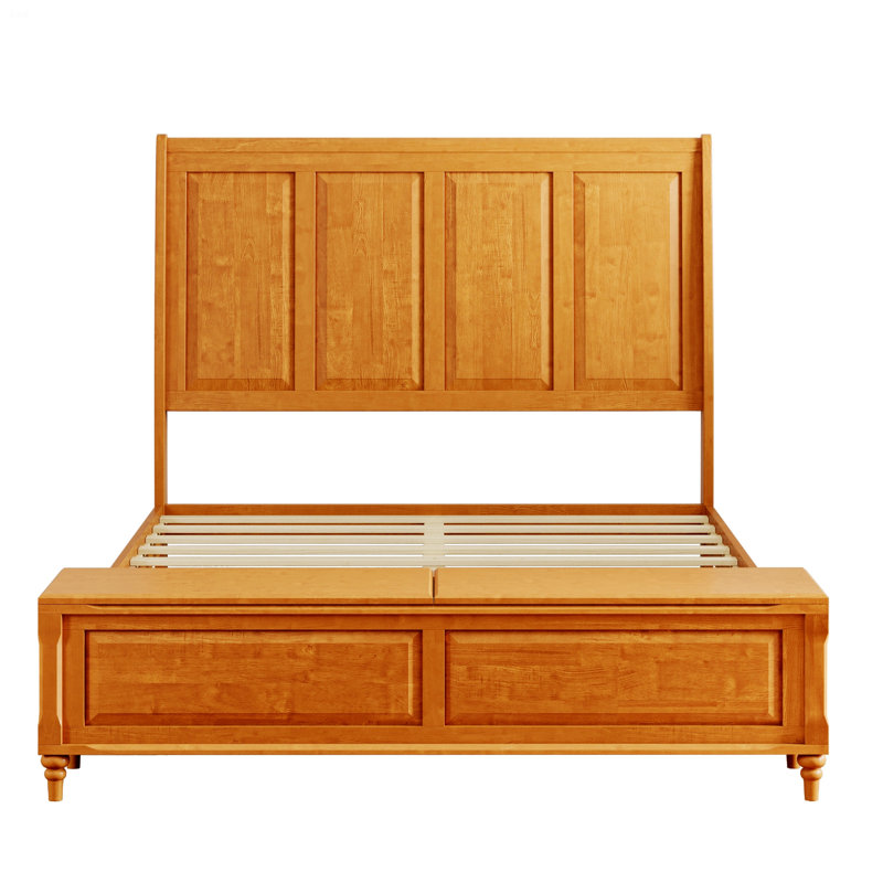 Bed Frame With High Headboard And Footboard Storage Bench, Grand lit, Natural