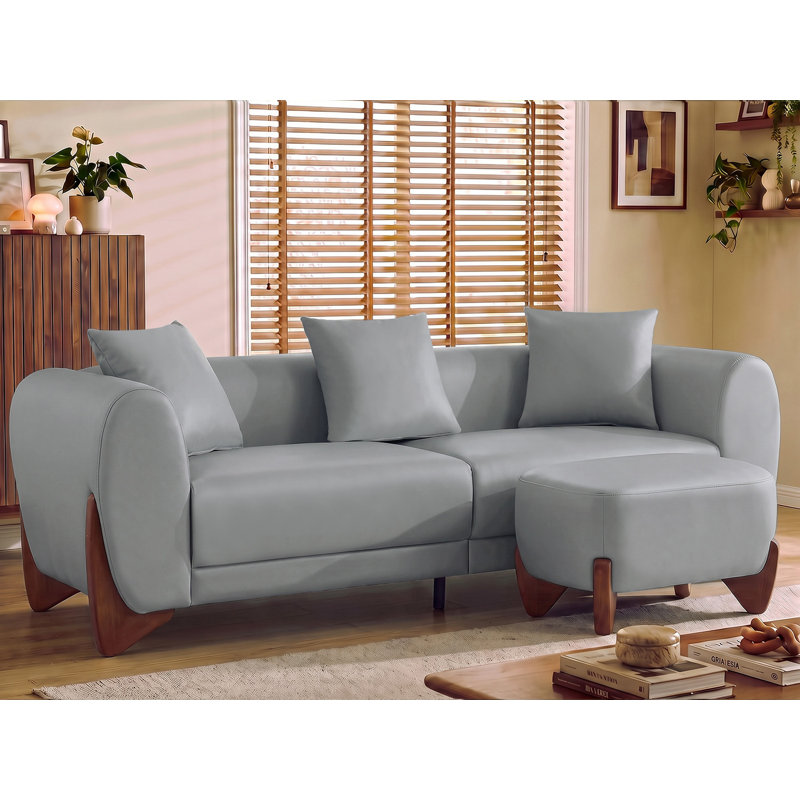 Canapé 87 po rembourré en similicuir avec repose-pieds - ensemble de canapé moderne avec pieds en bois massif