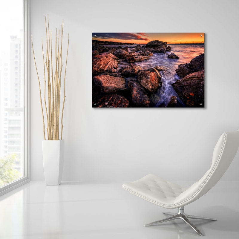 Art mural en verre Highland Dunes «Dawn In Biddeford Pool Iii» par Rick Berk, H 12 po x l 16 po x P 0,13 po