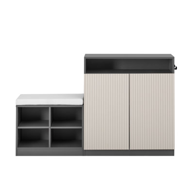 Living Room Cabinet With Shoe Bench, 2 Doors And 3-Tier Adjustable Shelves, Entryway Bench With 4 Open Shoe Racks And Removeble Cushion, Storage Console Table With Wavy Slatted Door And Hooks
