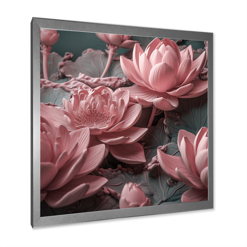 Fleur de lotus rose délicat sur toile, H 16 po x l 16 po x P 1 po, Cadre simple argenté