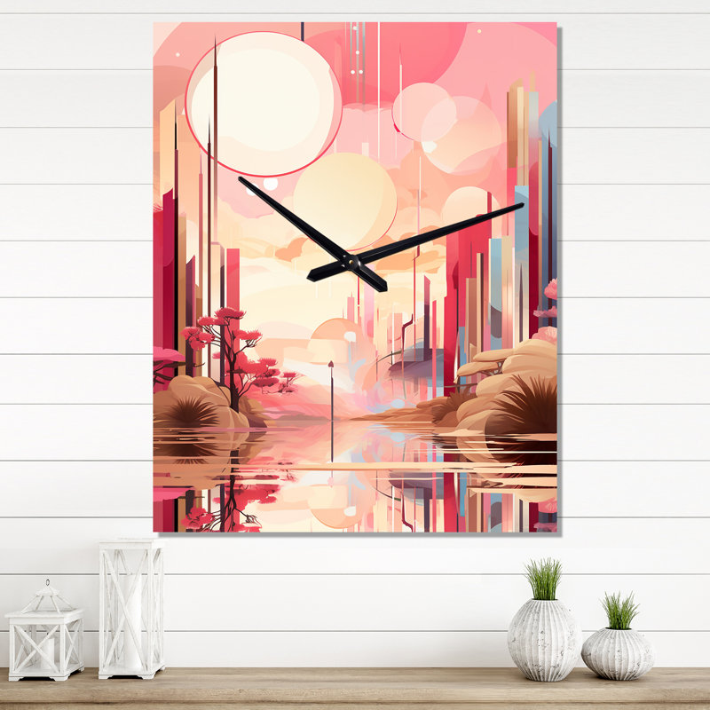 Paysage serein boho chic en pastel et or III - Très grandes horloges murales géométriques modernes