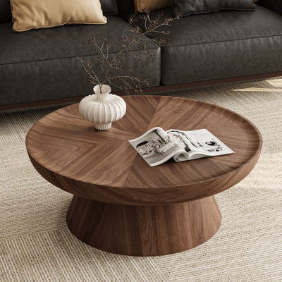 Table basse ronde en noyer rustique 35,43 po avec base conique épaisse, aucun assemblage requis