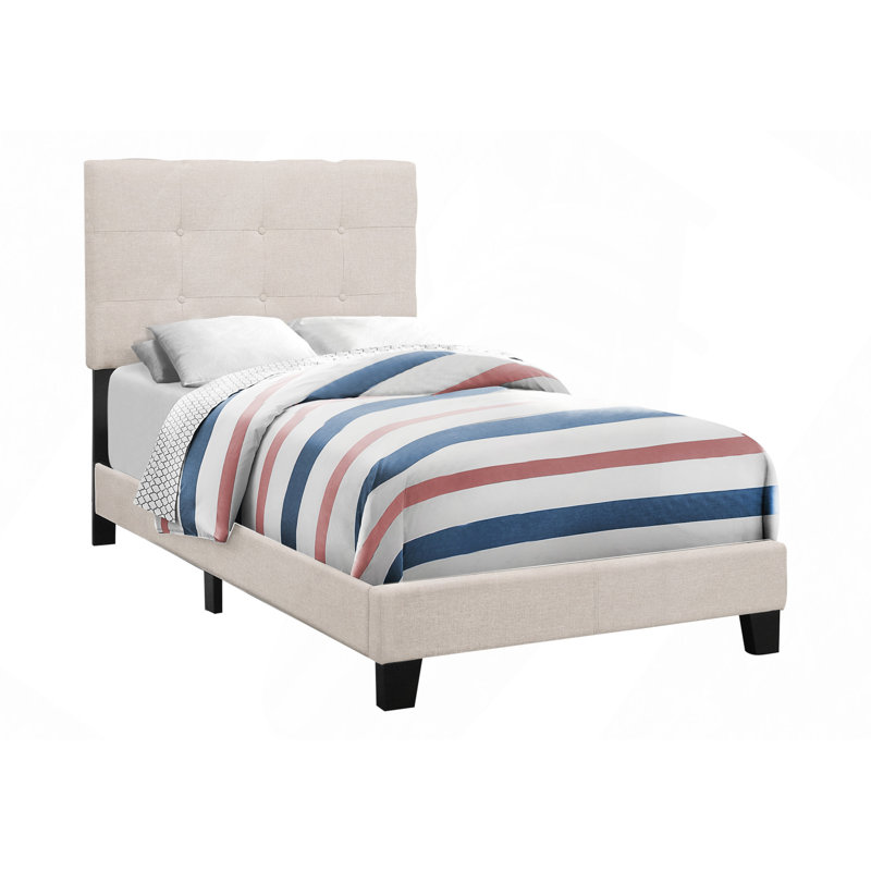 Lit moderne, tapissier, chambre à coucher, cadre seulement, jeunesse, adolescent, juvénile, aspect lin beige, transitionnel