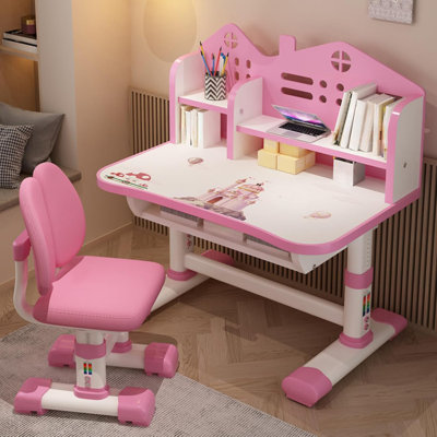 Ensemble de bureau et de chaise réglable pour enfants avec rangement, tiroirs, bibliothèque, table de devoirs pour tout-petits, bureau d'ordinateur pour petite fille, table de princesse préscolaire (rose)