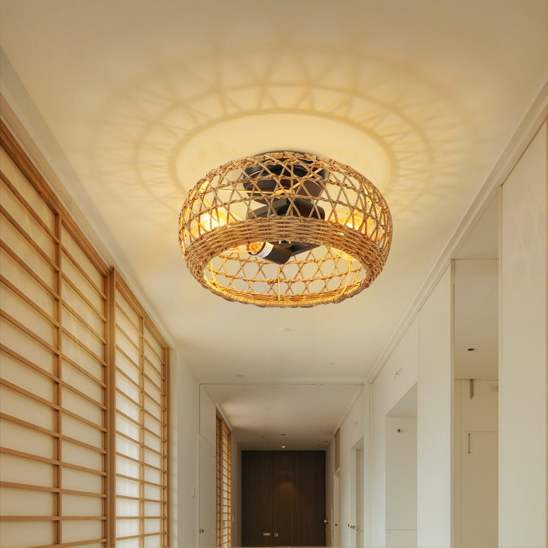Plafonnier cylindrique semi-encastré 2 lumières en rotin à intensité variable Bohemian