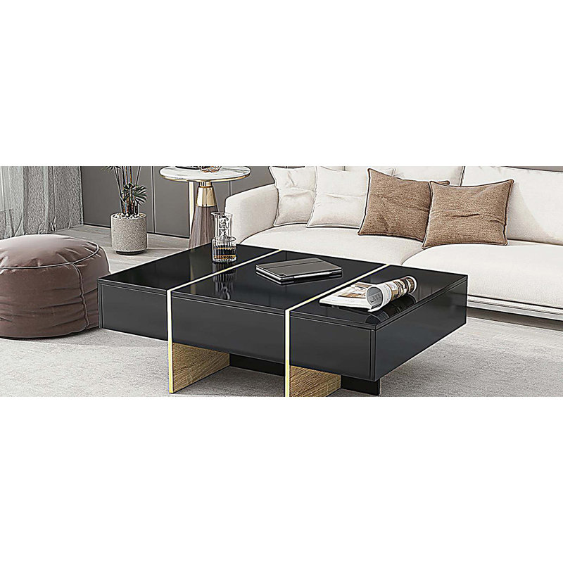 Table basse moderne avec 2 tiroirs, table de centre rectangulaire multi-rangement avec pieds en bois, Noir et or