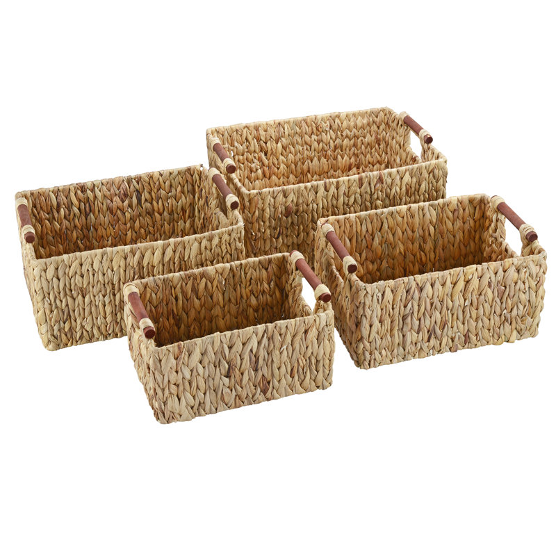 Handmade Water Hyacinth Storage Basket Set with Wood Handles (Set of 4)