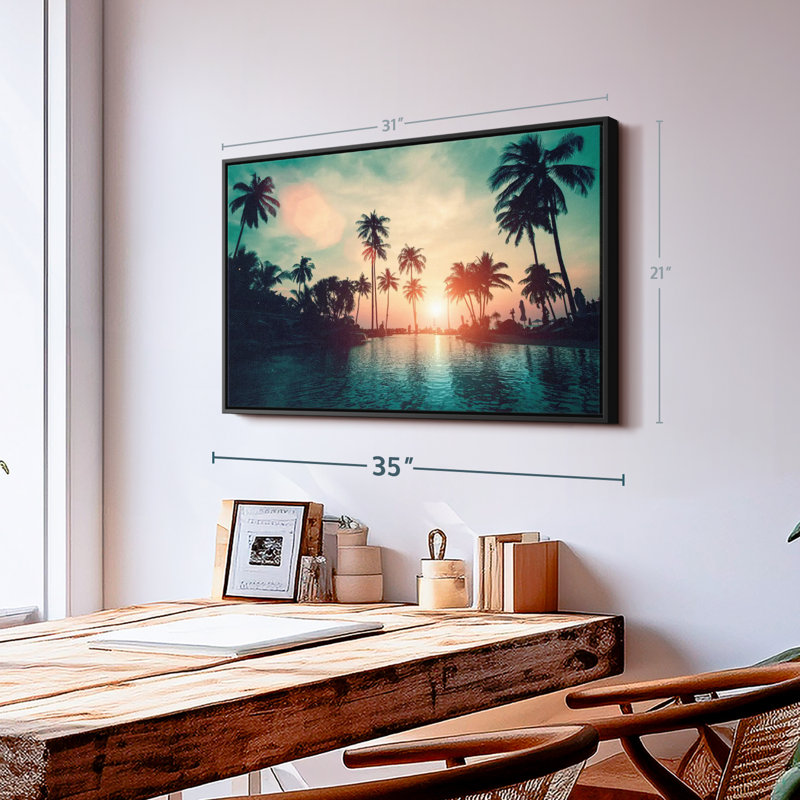 Doux coucher de soleil sur palmiers, reproduction sur toile, H 21 po x l 31 po