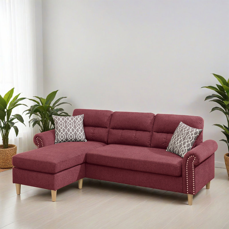 87.02" Wide Reversible Sectional Sofa & Chaise, Red Velvet