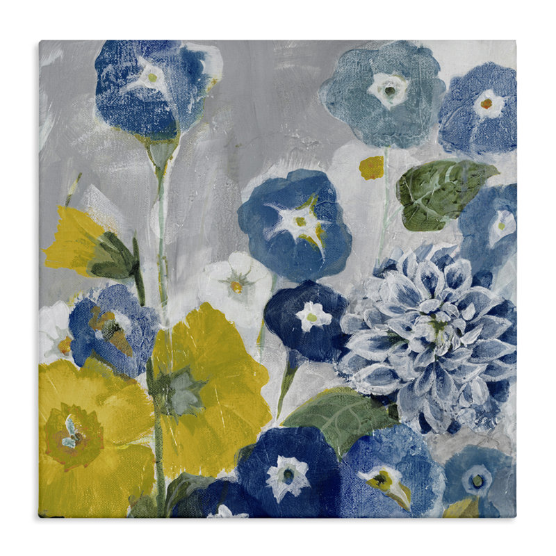 Au-802 - Toile, coquelicots abstraits bleus et jaunes sur toile par Jill Martin, peinture, H 30 po x l 30 po x P 1,5 po