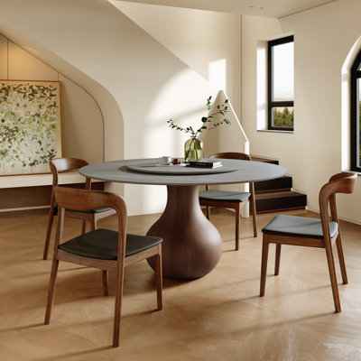 Ikerne 5Pcs Gray Dining Table Chairs Set With Lazy Susan