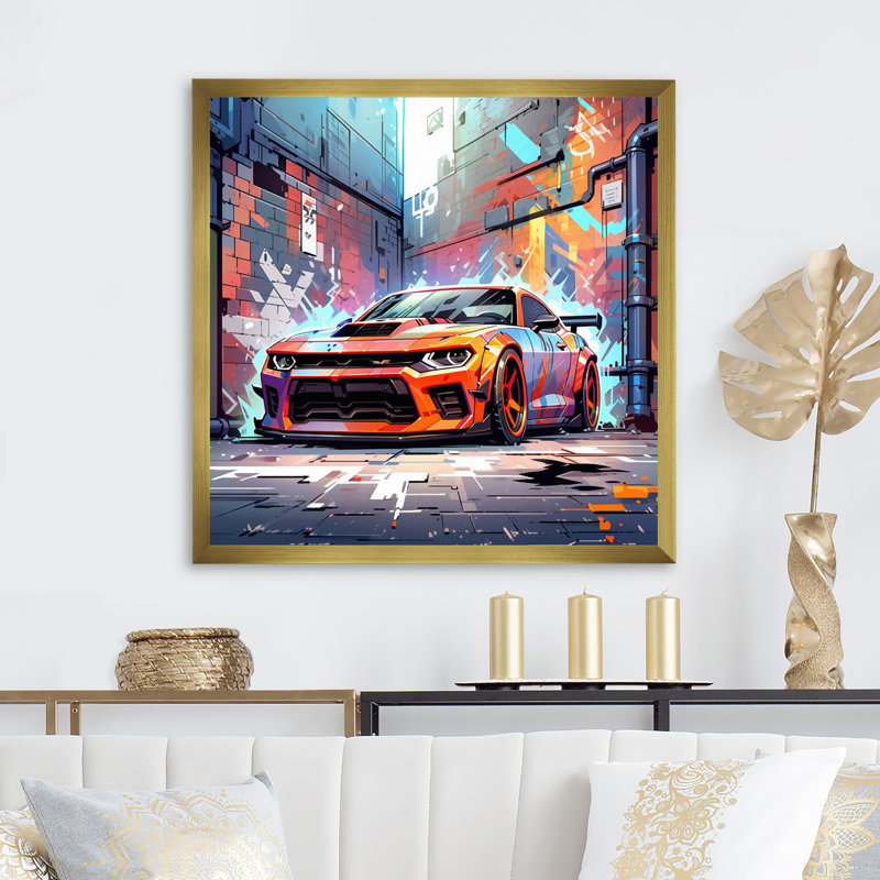 Graffiti Muscle Car III - Car Muscle Car, art mural encadré, H 36 po x l 36 po x P 1,5 po, Cadre doré à une seule photo