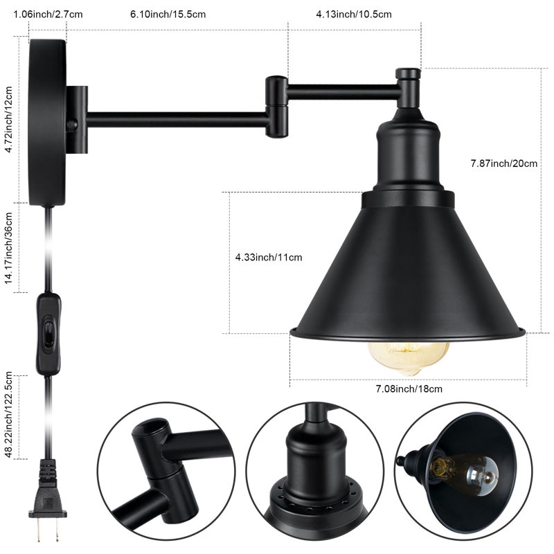 Set Of 2 Iron Swing Arm Sconce, Industrial Wall Light For Bedroom