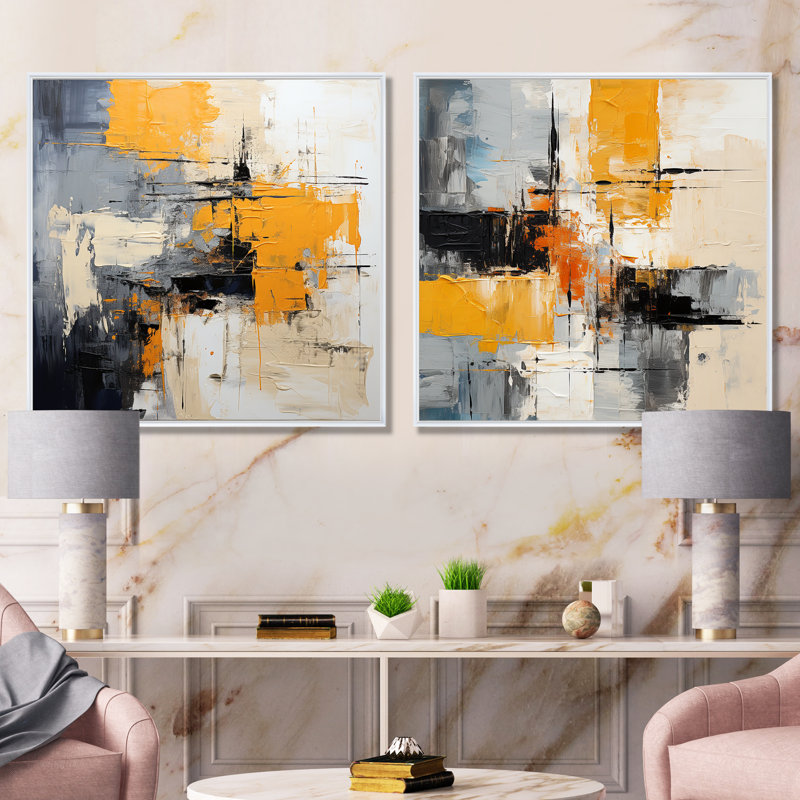 «Gray and Yellow Paint Elegance I», ensemble de 2 reproductions d'art sur toile, Cadre flottant blanc