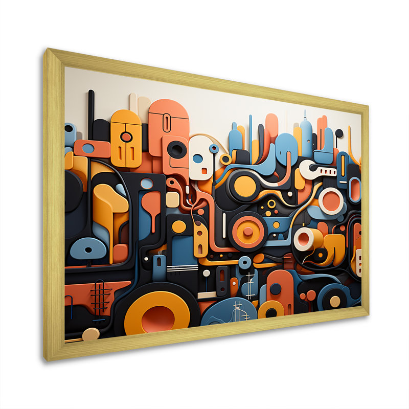 Fusion abstraite bleue et jaune, formes abstraites - Art mural abstrait, Cadre d'angle fermé doré, H 16 po x l 32 po x P 1 po