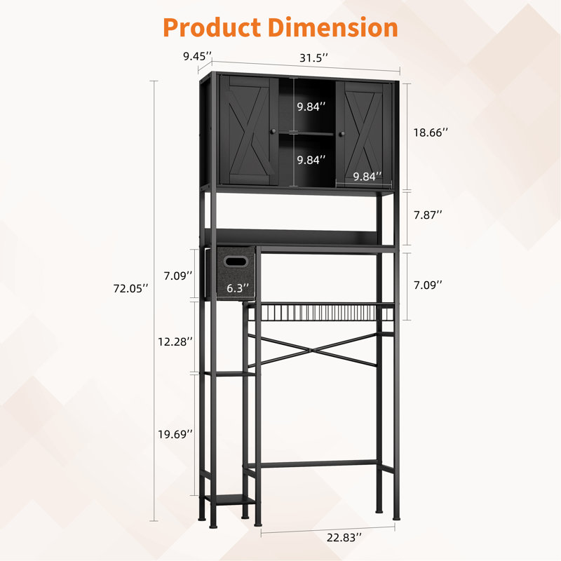 Over The Toilet Storage Cabinet with Doors - Freestanding Bathroom Organizer Shelf with TP Holder, Water-Resistant Space-Saver with Metal Frame, 31.5" Wide, Black