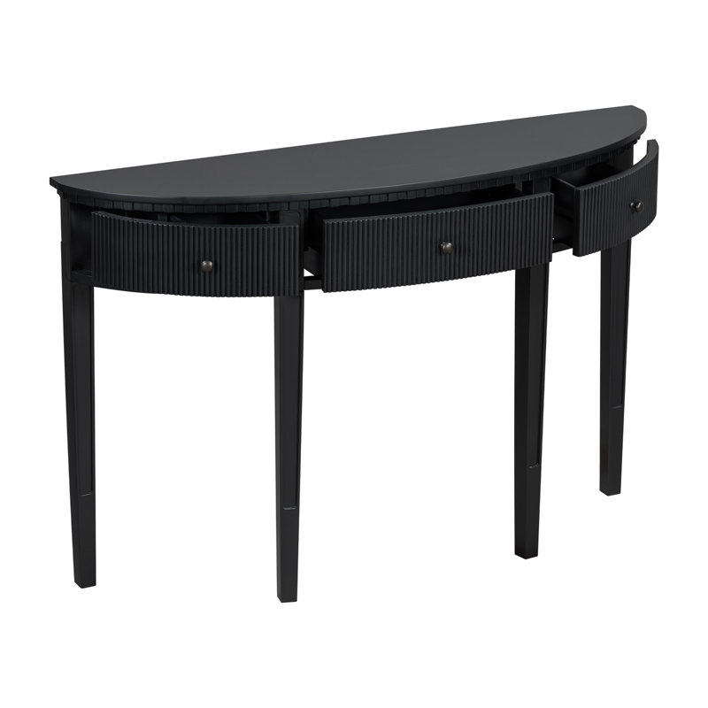 Caractéristiques distinctives de la console en placage de pin avec tiroirs à rayures verticales et quatre pieds, Noir