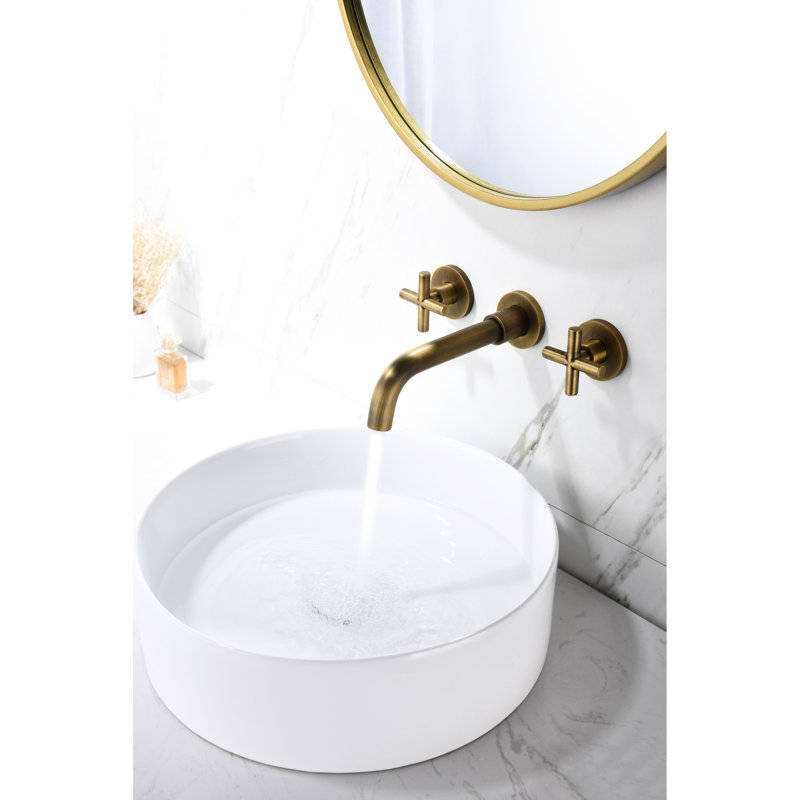 Wall Mounted Bathroom Sink Faucet - Temperature Adjustable Handles, Splash, Pop-Up Drain, Bronze Build For Easy Control, Bronze, Quality Construction