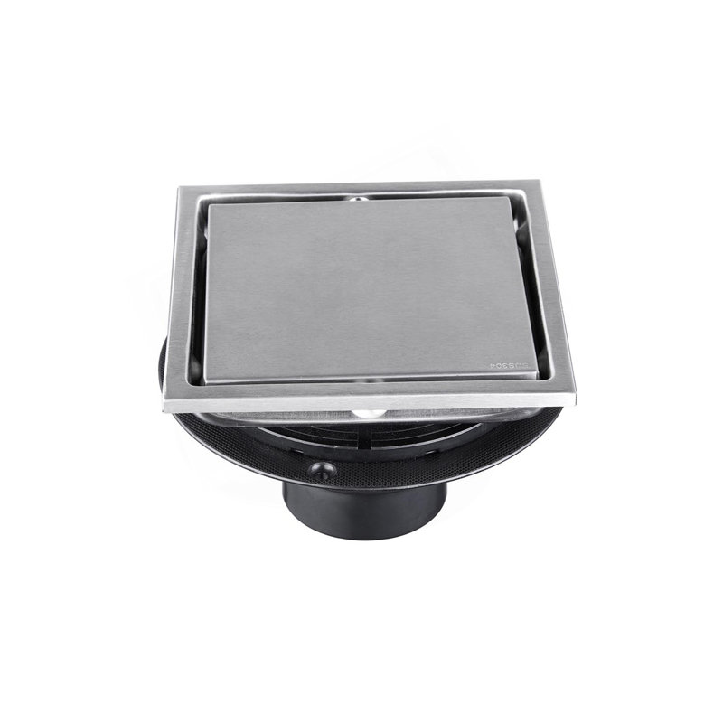 6 Inch Square Shower Floor Drain, Brushed Nickel