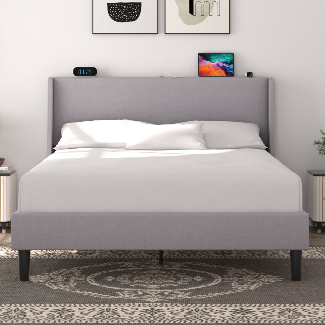 Kempst Upholstered Platform Bed with USB Ports Bed with Wingback Headboard No Box Spring Needed Trent Austin Design® 