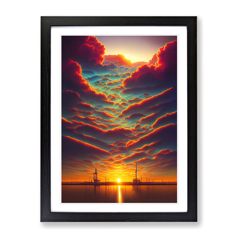 Sunset over the Ships - Wall Art, 34cm H x 25cm W x 2cm D, White, Black Framed Paper