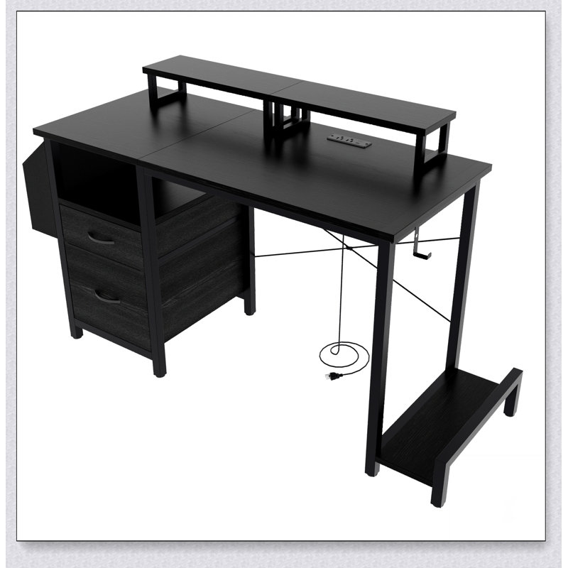 Bureau de 47,3 po avec prise de courant, 2 supports pour écran, 2 tiroirs, pochettes latérales, facile à assembler, stabilité de la structure réversible, utilisation comme bureau à domicile, bureau d'ordinateur, table de jeu