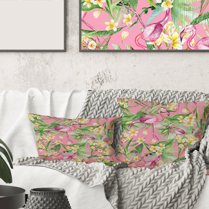 Housse et insert de coussin carré Tropical Foliage, Flowers with Flamingo III, 16" x 16"