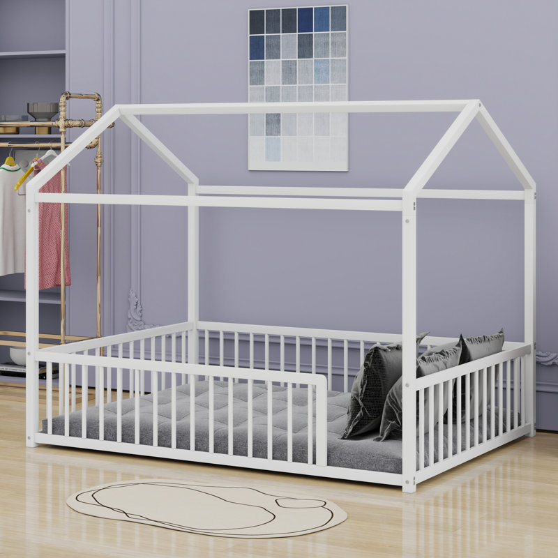 Low Profile House Bed With And Enclosed Fence, White, Full