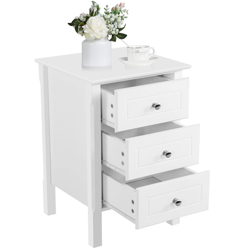 Modern 3 Drawer Bedside Table Nightstand, White, 1pcs