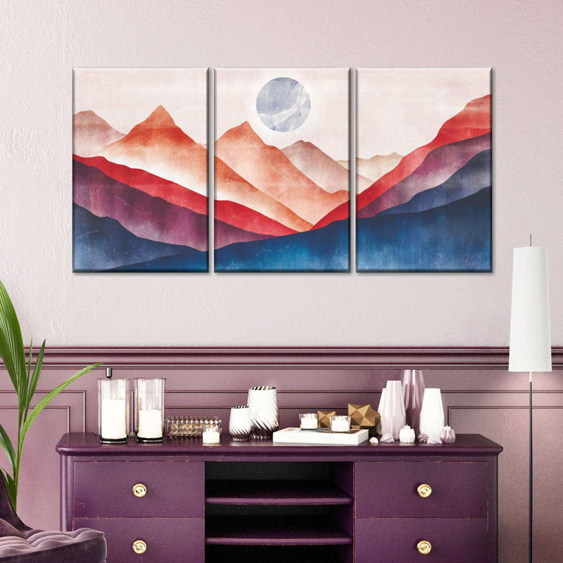 «Moonrise Landscape», ensemble de 3 toiles abstraites sur toile, H 30 po x l 62 po x P 1,25 po