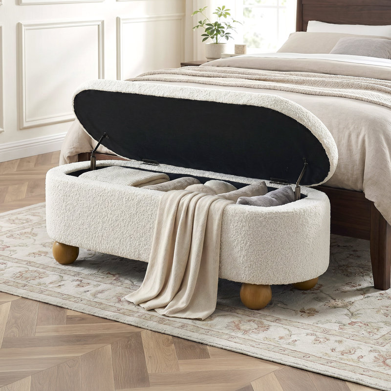 Modern Oval Storage Bench with Spherical Legs for Entryway and Living Room, Cream