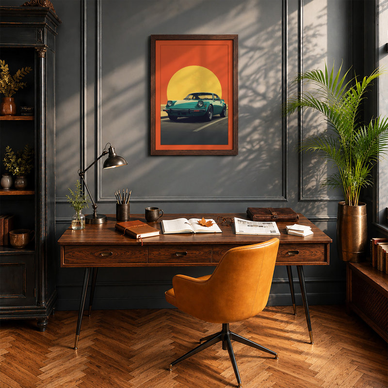 Cruising Into Sunset Retro - Framed Print, A2 - 59.4 x 42.0 cm, Walnut
