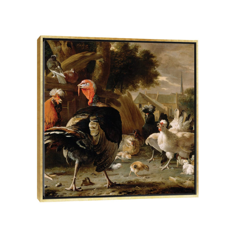 «Poultry Yard, C.1668» par Carl Christian Carlsen - impression d'art graphique, 37" H x 37" W x 1.5" D, Toile encadrée d'or