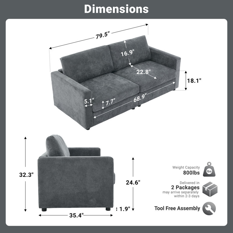 Crofford 79.6" Upholstered Sofa Chenille Modern Couch, Gray