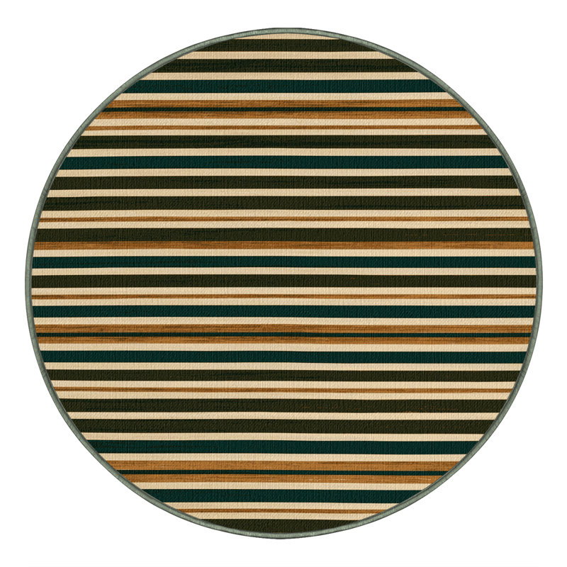 Washable Hunter Green Cream Striped Area Rug, Round 8'