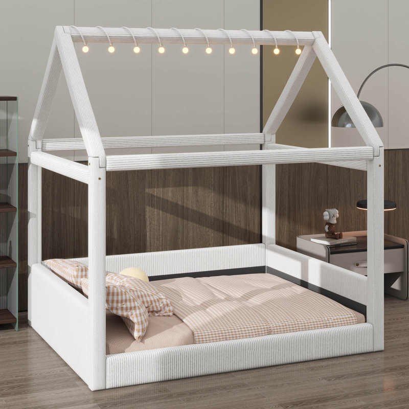 Full-Sized Fabric-Wrapped House Daybed With Integrated LED Lighting, Beige